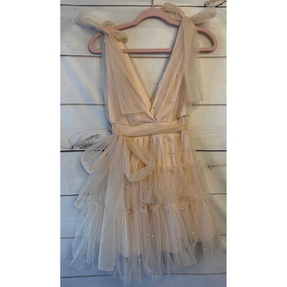 Mable Pearl Embellished Tulle Mini Dress Champagne Peach V-Neck Tiered Small